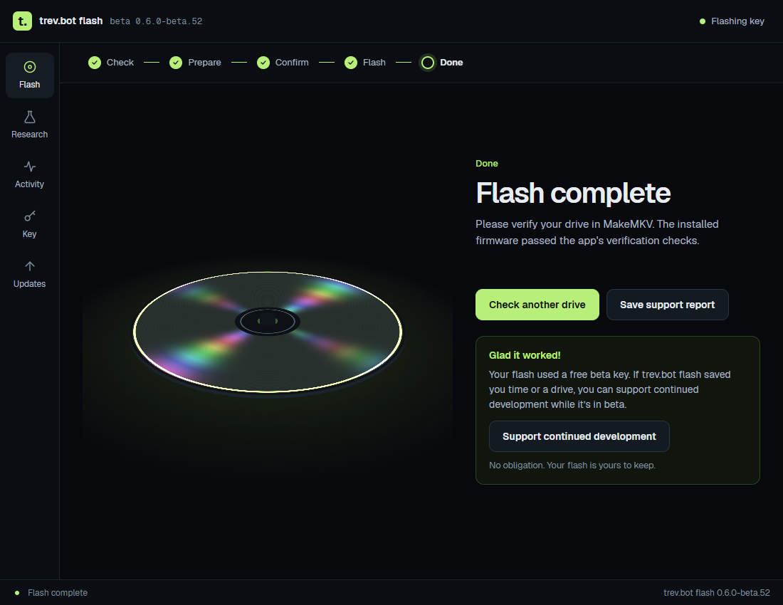 The Done screen after a completed flash