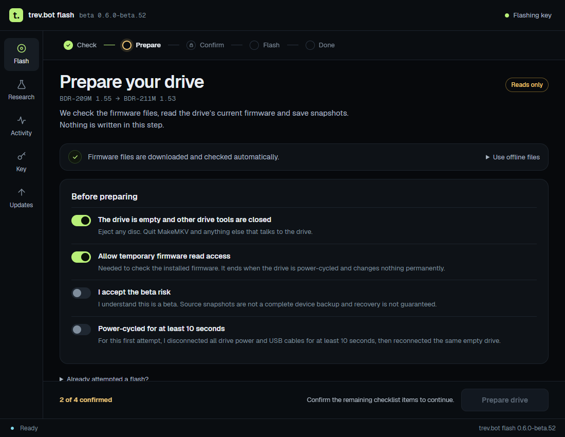 The Prepare screen with its pre-flash checklist